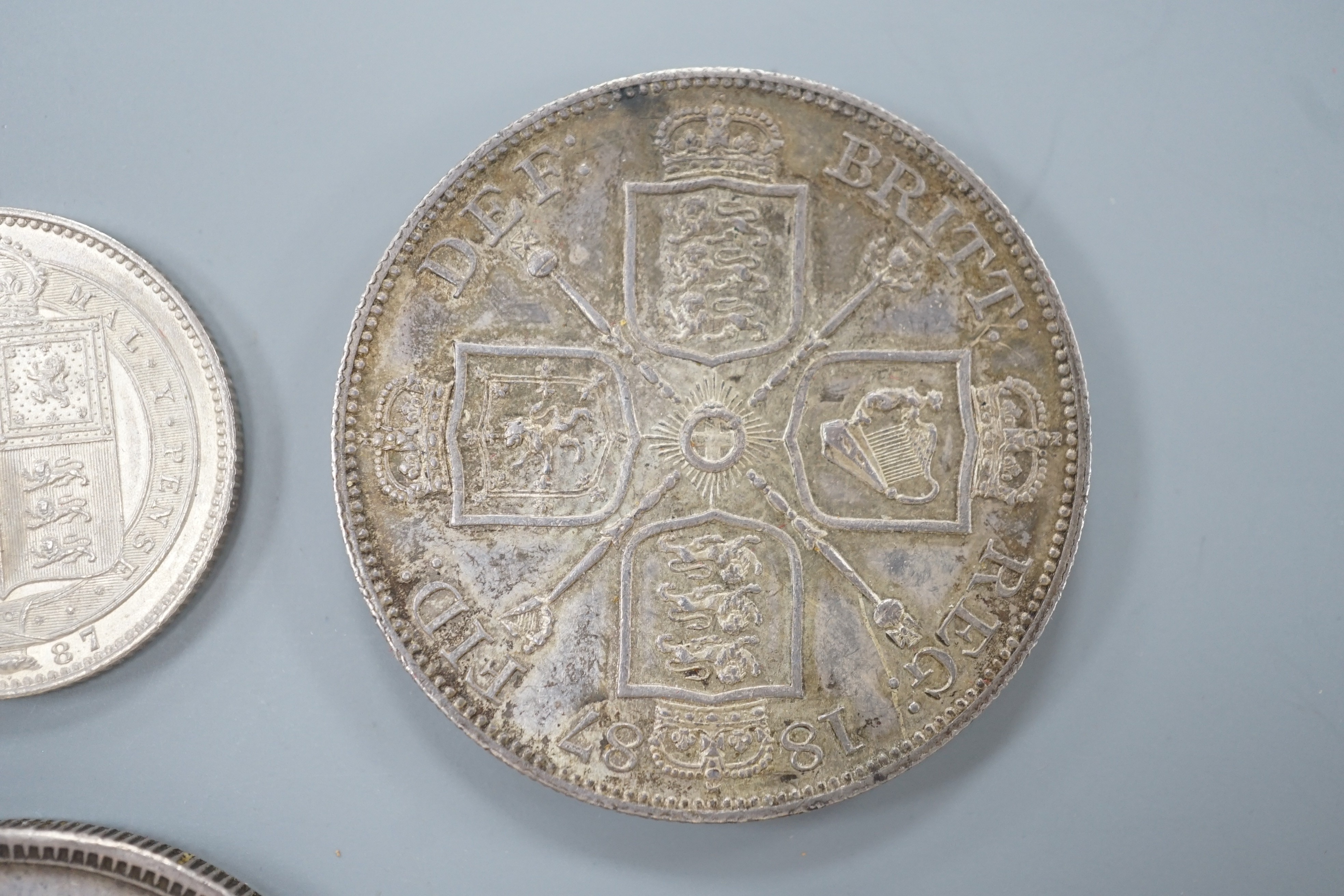Victoria silver Jubilee head coins, double florin 1887, hairlines otherwise AEF, crown 1887, VF, florin 1887, VF, shilling 1887, EF